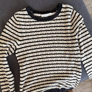Doen Black and Cream Striped Knit Crewneck Sweater